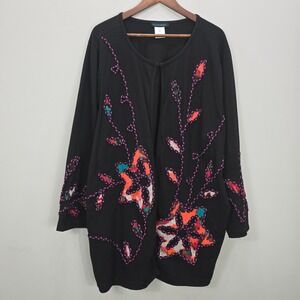 Ulla Popken Cardigan24/26‎ Black Floral Embellished Appliques Boho Hippie Artsy